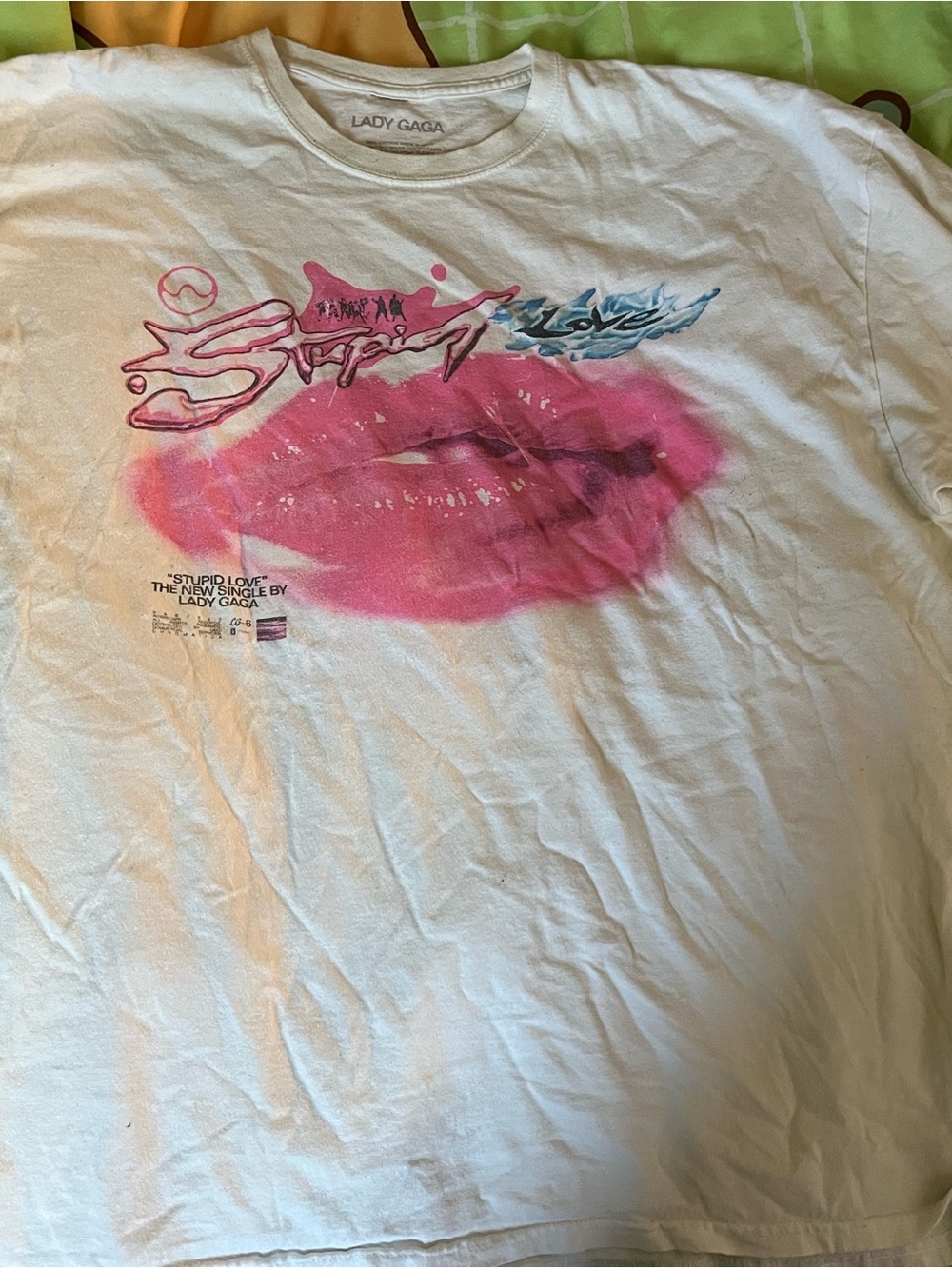 Lady Gaga White Short-Sleeve Tee with Pink Lip Graphic “Stupid Love” XXL